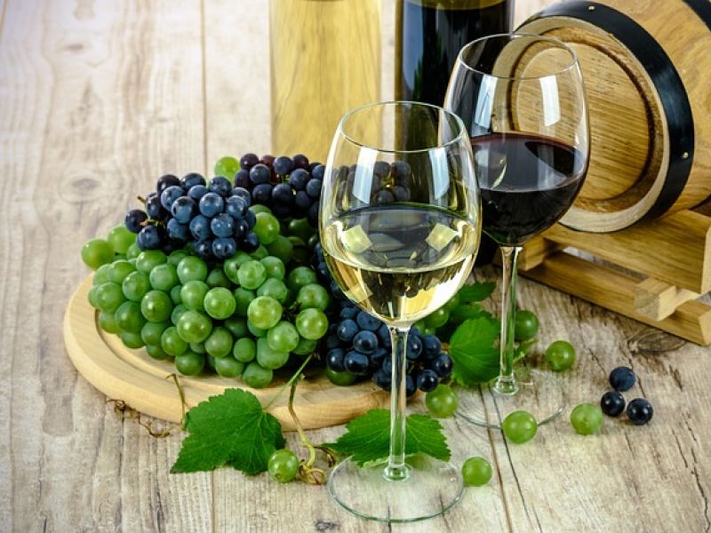 Weingläser und Weintrauben vor Holzfass