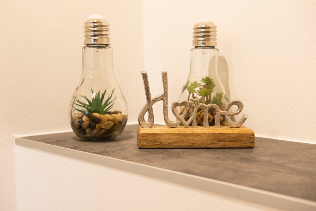 Deko "Home" und zwei Glübirnen mit Steinen und Pflanzen